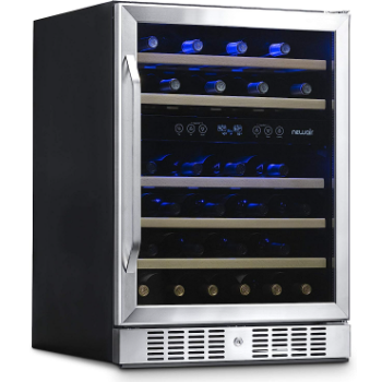 NewAir 24” Wine Cooler Refrigerator, Large 46 Bottle Built-in or Freestanding Dual Zone Wine Cellar in Stainless Steel with Precision Temperature Control, Removable Beech Wood Shelves AWR-460DB