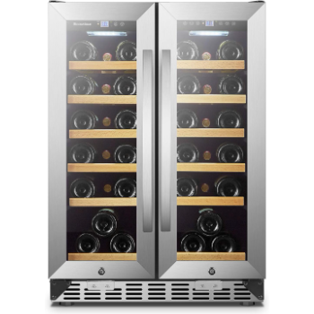 Sinoartizan 24 Inch Wine Cooler Refrigerator with Stainless Steel French Doors, Dual Zone Wine Fridge for Built In