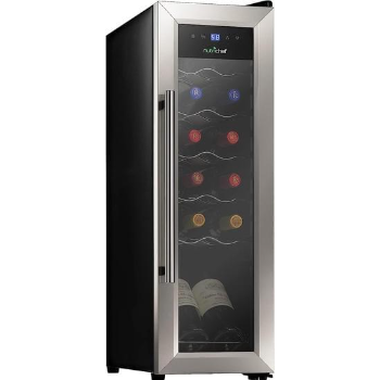 NutriChef PKCWC12 12 Bottle Cooler Refrigerator White and Red Countertop Chiller, Freestanding Compact Mini Wine Fridge with Digital Control, Stainless Steel