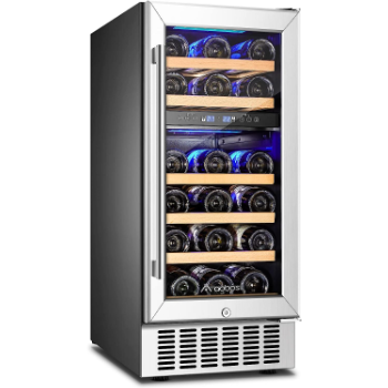 AAOBOSI 【Upgraded 15 Inch Wine Cooler, 28 Bottle Dual Zone Wine Refrigerator with Stainless Steel Tempered Glass Door,Memory Function, Fit Champagne Bottles, Wine Fridge Freestanding and Built-in