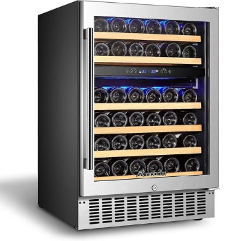 AAOBOSI 【Upgraded】 24 Inch Dual Zone Wine Cooler 46 Bottle Freestanding and Built in Wine Refrigerator with Advanced Cooling System, Quiet Operation, Blue Interior Light | Easily Store Larger Bottles