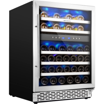 Phiestina 24 Inch Under Counter Wine Cooler - 46 Bottle Built-In Dual Zone Compressor Wine Refrigerator for Red & White Wines - Tempered Glass Door Wine Fridge with Digital Memory Temperature Control